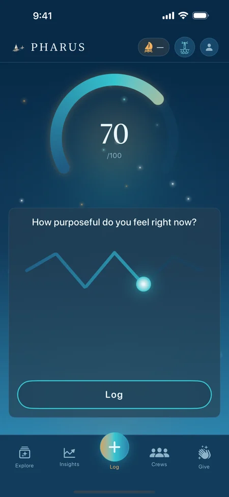 Pharus log screen asking how purposeful you feel right now